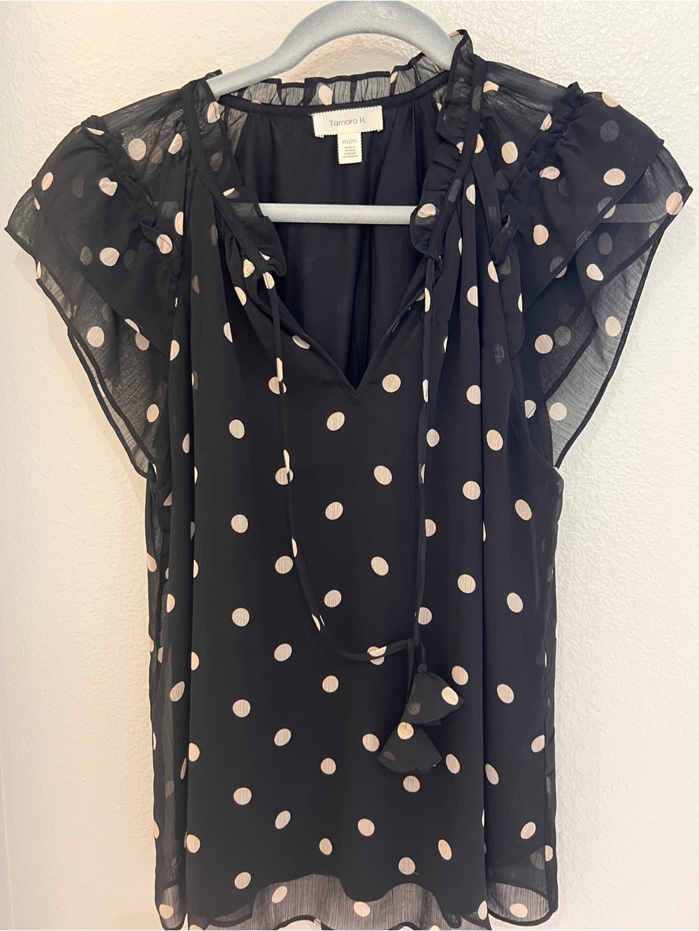Tamara H Black Polka Dot Tie-Neck Flutter Sleeve Blouse